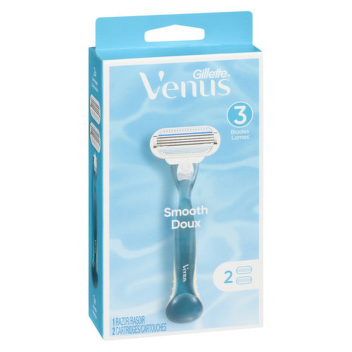 Features: 3 blades, protective cushions gently smooth out skin for a close shave, and a blue indicator strip fades away when the cartridge is dull. Includes 1 razor and 2 cartridge refills.