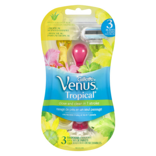3 Blades. With a Touch of Aloe. Tropical Scented Handle. Close and Clean in One Stroke.