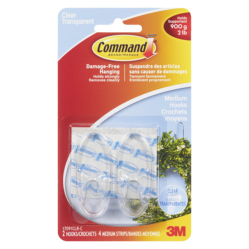 3m - Command Damage-Free Hanging Hooks, Medium Clear Transparent