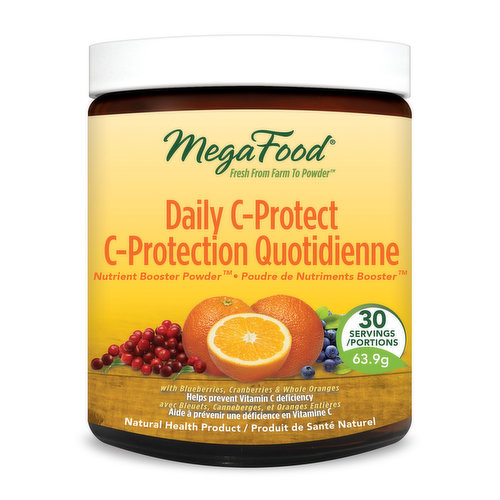 MegaFood Daily C-Protect Nutrient Booster Powder combines FoodState Vitamin C with farm-fresh super fruits, including organic blueberries, organic cranberries, and organic whole oranges, for a powerful delivery of phytonutrients.* We also include our Immune-Balancing Blend with organic astragalus and organic schisandra berry.* Mix with your favorite juice or smoothie, sip, and enjoy!