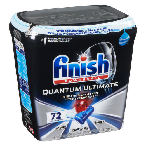Our newest and fastest dissolving three chamber detergent supercharged with 21x Power Actions that can scrub, degrease and shine, providing you with the Ultimate Clean & Shine, 1st Time, EverytimeTM/MC<br /> No Need to Pre-Rinse: formulated with Pre-Soaking Action to soak and soften food residues<br /> Fast Dissolving Technology: can clean on short cycles<br /> Wrapper Free = better for the environment<br /> Finish is the #1 Recommended Brand*<br />*Finish is the most recommended detergent worldwide, based on the global market share of the dishwashing manufacturers that recommend Finish"
