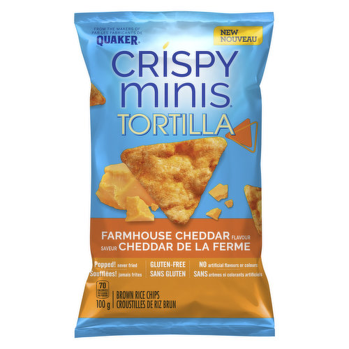 Get cheesy with these crunchy Tortilla Rice Chips. With a yummy cheddar flavour these chips are never fried & always popped to perfection for a delectable snack. Each crispy bite of these chips will take you straight to cheese lovers heaven. No artificial flavours or colours. Popped, never fried, brown rice chips. Gluten free. Contains: milk
