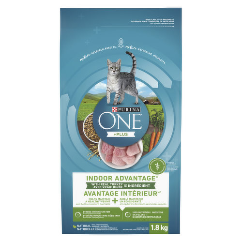 Dry cat food with real turkey as the #1 ingredient, blended with other high-quality protein sources, to help support strong muscles. Formulated with a natural fiber blend to help minimize hairballs and promote healthy digestion.