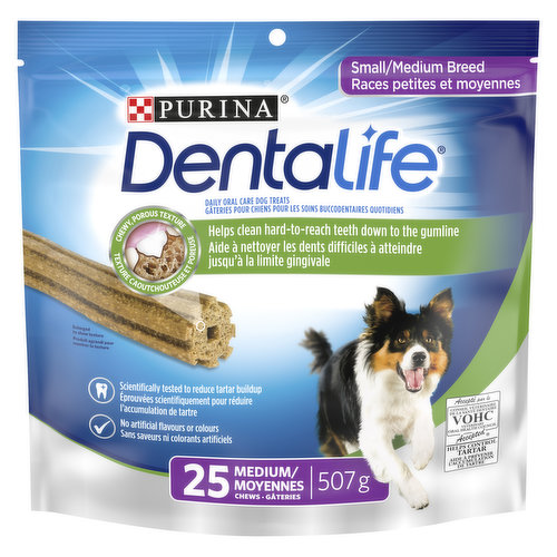 <div></div><table><colgroup><col></colgroup><tbody><tr><td>DentaLife daily oral care dog treats are designed with an innovative porous, yet chewy, texture that contains thousands of air pockets. The unique shape features 8 distinct ridges that clean your dogs teeth down to the gumline. DentaLife gets dogs chewing to clean even the hard-to-reach teeth in the back of the mouth. Its how DentaLife is able to deliver a breakthrough clean thats scientifically tested to reduce tartar build-up.</td></tr></tbody></table>