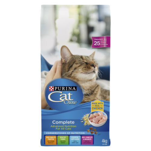 Dry cat food made with real chicken. 100% complete and balanced nutrition for adult cats. High-quality protein to support strong muscles. Essential vitamins, minerals and fatty acids support healthy skin and coat. Formulated for all life stages.