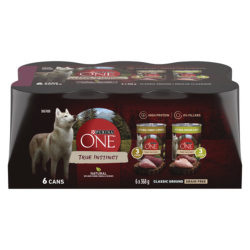 <table><tbody><tr><td>Your dog will love every bite of Purina ONE True Instinct Classic Ground Wet Dog Food Variety Pack, in 2 different flavourswith real Chicken Venison or Turkey Duck. Natural, Grain Free & Poultry-by-products. 6x368g Cans.</td></tr></tbody></table>