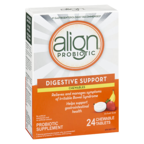 Relieves and manages symptoms of Irritable Bowel Syndrome. Helps support gastrointestinal health. Great tasting banana strawberry smoothie flavored chewables.