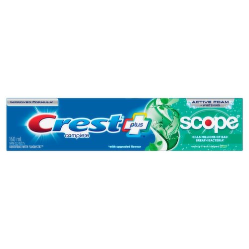 Combines the teeth whitening power of Crest toothpaste with the breath freshening power of Scope mouthwash. It fights cavities, & provides cleaning action to help remove surface stains & prevent tartar buildup.