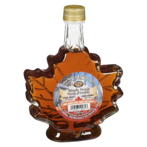 100% pure maple syrup in a maple leaf shaped glass bottle.