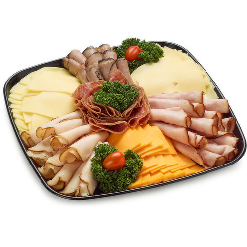 48 hour Prep Time Required for Party Platters. Limit 10 Per Order. A perfect pairing of delicious deli meats and cheeses including black forest ham, oven roasted turkey breast, roast beef and cervelat salami, plus your choice of either cubed or sliced cheddar, swiss and provolone cheese. Please add to your notes in cart review on choice of cubed or sliced cheese.