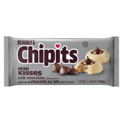 A bag of Mini Kisses milk chocolate chips offers the same great taste of Hershey's Kisses that you know & love but at a third of the size. Mix them into your cookie dough or use them to decorate your desserts. Gluten free & Kosher.