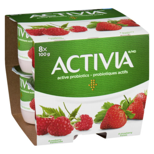 Assortment of Danone Activia small individual creamy yogurts: strawberry (4) and raspberry (4). Perfect for a healthy snack, they are made from milk enriched with vitamin D. Filled with live probiotics, these good bacteria, the B.L. Regularis, are exclusive to Activia and contribute to the health of the intestinal flora. These tasty Activia yogurts contain many important nutrients, including calcium and potassium, and have 2.9% fat. Available in a wide variety of flavours. Find your favourite!