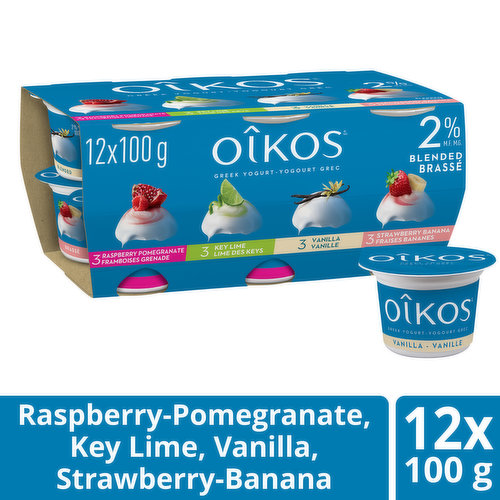 Oikos - Greek Yogurt, Variety Pack, Raspberry-Pomegranate / Key Lime / Vanilla / Strawberry Banana, Blended 2% M.F.