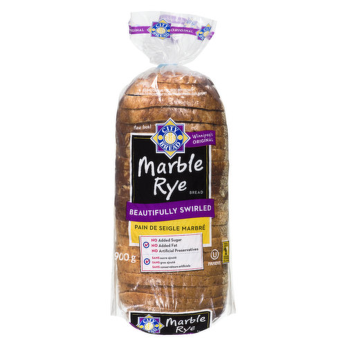 Marbled rye with medium sour flavour that has no added sugar, no added fat, and no artificial preservatives.