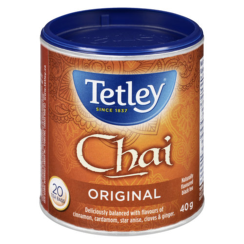Experience the deliciously balanced flavours of cinnamon, cardamom, ginger, star anise, and cloves in our Chai tea.<br /><br />Inspired by the traditional Indian Chai, this flavourful and aromatic tea is sure to delight.<br /><br />20 tea bags. Kosher. Rainforest Alliance Certified