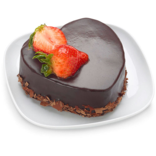 Layers of moist dark chocolate heart shaped cake, filled and enrobed with a dark chocolate Ganache finished with a bottom border of dark chocolate shavings and garnished with 2 glazed halved strawberries. The perfect valentines treat. Limited edition, available while quantities last.
