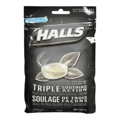 Halls - Triple Soothing Action Cough Drops - Extra Strong Menthol, 30 Pack