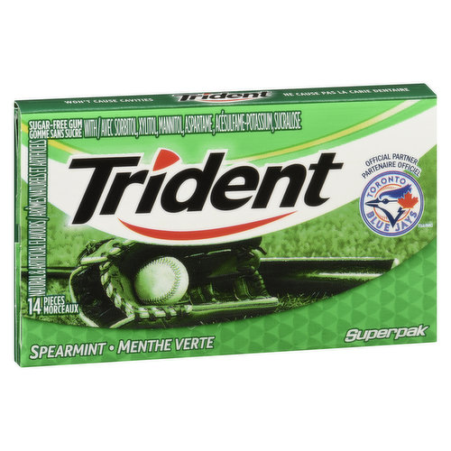 Sugar Fee Gum with Sorbitol, Xylitol, Aspartame, Acesfulame-Potassium, Sucralose.Trident Peppermint Flavour Sugar Free Gum is a delicious way to freshen breath and protect your teeth. With 30% fewer calories than sugared gum, Trident Peppermint gum is sweetened with xylitol, a naturally occurring sugar alcohol. Trident Peppermint has a cool peppermint refreshing flavor. Each pack of gum is designed so the sticks stay inside, making it easy to toss in your car, backpack or desk drawer. Individual sticks of gum are individually wrapped for freshness.