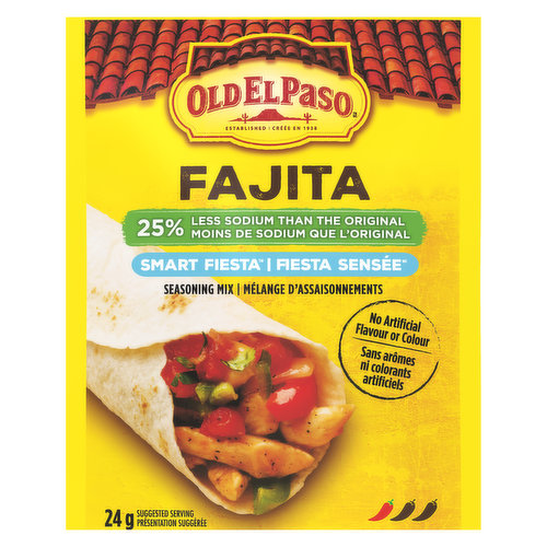 The great taste you expect from Old El Paso with a smart twist. 25% Less sodium than our regular fajita seasoning.