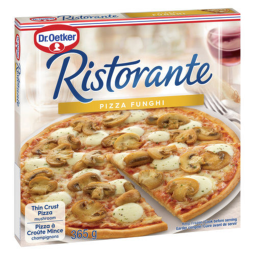 Experience passion on your palate with Ristorante! Thin & crispy Italian-style pizza. Dr. Oetker Ristorante Funghi thin crust pizza is topped with delicious mozzarella & Edam cheese, mushrooms and our signature pizzeria-style tomato sauce. Enjoy delicious pizza moments with Dr Oetker!<br /> Mushroom, Mozzarella and Edam Cheese<br /> Vegetarian<br /> Cook Time: 13-14 minutes<br /> Made in Canada from domestic and imported ingredients<br /><br />Cooking Instructions:<br />1. Preheat oven to 425 F (220 C).<br />2. Remove pizza from all packaging.<br />3. Place frozen pizza directly on the middle oven rack. Bake 13-14 min and until cheese is melted and crust is golden brown.<br />CAUTION: Pizza will be very hot<br />