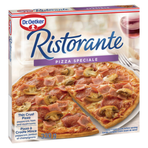 Experience passion on your palate with Ristorante! Thin & crispy Italian-style pizza. Dr. Oetker Ristorante Speciale thin crust pizza is topped with mozzarella & Edam cheese, salami, mushrooms, ham & pepperoni over our signature pizzeria-style tomato sauce. Enjoy delicious pizza moments with Dr. Oetker!<br /> Salami, Mushrooms, Ham, Pepperoni, Mozzarella and Edam cheeses<br /> Cook Time: 13 - 14 minutes<br /> Made in Canada from domestic and imported ingredients<br /><br />Cooking Instructions:<br />1. Preheat oven to 425 F (220 C).<br />2. Remove pizza from all packaging.<br />3. Place frozen pizza directly on the middle oven rack. Bake 13-14 min and until cheese is melted and crust is golden brown.<br /><br />CAUTION: Pizza will be very hot!