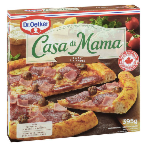 Casa Di Mama Homemade pizza taste just like Mama used to make! Dr. Oetker Casa Di Mama 3 Meat Pizza is topped with a spiced tomato sauce and deli meats including pepperoni, smoked ham and chunks of Italian sausage. Enjoy delicious pizza moments with Dr Oetker!<br /> Pepperoni, Smoked Ham and Italian Sausage<br /> Cook Time: 14-16 minutes<br /> Made in Canada from domestic and imported ingredients<br /><br />Cooking Instructions:<br />1. Ensure oven rack is in the middle position. Preheat oven to 450oF (230oC). Keep pizza frozen until ready to bake.<br />2. Remove pizza from packaging<br />3. Loosen the baking parchment and lift off together with the pizza from the cardboard<br />4. Place the pizza with parchment on a dark or non-shiny pizza pan<br />5. Bake for 14-16 minutes and until cheese is melted and crust is golden brown.<br />NOTE: Individual oven cooking times may vary. CAUTION: Pizza will be very hot<br />