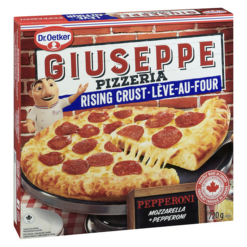Dr. Oetker Giuseppe Pizzeria Rising Crust Pepperoni is made with real pizzeria inspired tomato sauce and mozzarella and finished with mouthwatering pepperoni.<br /> Made with mozzarella cheese<br /> Topped with pepperoni<br /> Cook Time: 18-20 minutes<br /> Made in Canada from domestic and imported ingredients<br />