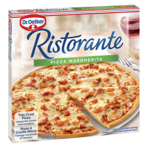 Experience passion on your palate with Ristorante! Thin & crispy Italian-style pizza. Dr. Oetker Ristorante Margherita thin crust pizza is topped with delicious mozzarella cheese, diced juicy tomatoes, marinated tomatoes and our signature pizzeria-style tomato sauce. Enjoy delicious pizza moments with Dr Oetker!<br /> Mozzarella Cheese and Tomatoes<br /> Cook Time: 13-14 minutes<br /> Made in Canada from domestic and imported ingredients<br /><br />Cooking Instructions:<br />1. Preheat oven to 425 F (220 C).<br />2. Remove pizza from all packaging.<br />3. Place frozen pizza directly on the middle oven rack. Bake 13-14 min and until cheese is melted and crust is golden brown.<br />CAUTION: Pizza will be very hot<br />