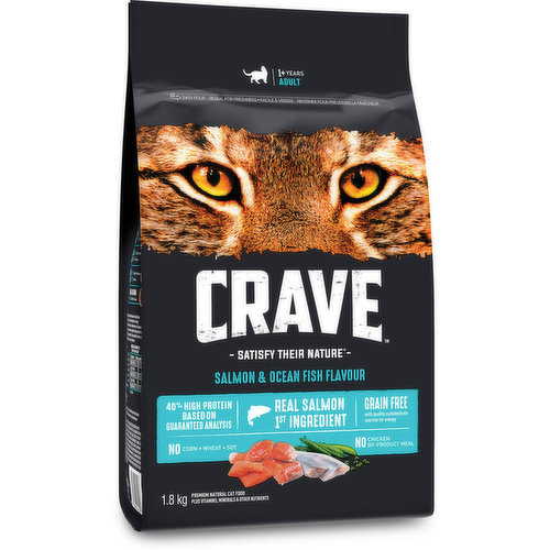 This recipe is inspired by a cat's natural diet. 40% high protein, salmon is the 1st ingredient, providing cats with energy & support lean bodies. Grain free.