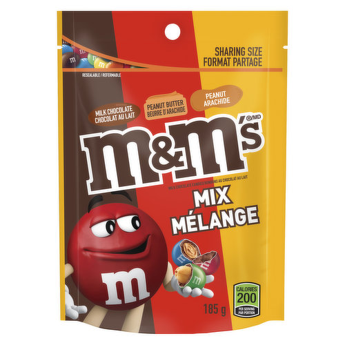 M&M'S Classic Mix features M&M'S Milk Chocolate, M&M'S Peanut Butter Chocolate, and M&M'S Peanut Chocolate candy together in one bag. This exciting assorted candy mix will please every chocolate candy fan. Perfect for taking on road trips and outdoor adventures to join your hiking snacks or add to your trail mix. Share a handful and enjoy this fun flavour combo together. Pack this chocolate candy assorted mix in lunches, enjoy as a simple pick-me-up anytime, or use as stocking stuffers.<br />