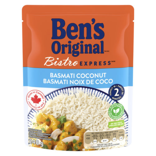 Enjoy our BEN'S ORIGINAL BISTRO EXPRESS Basmati Rice with Coconut, ready in just over a minute. Without the cooking time of dry, bulk rice bags, BEN'S ORIGINAL BISTRO EXPRESS provides a delicious side dish in an instant! This delicious aromatic rice can be used as the base to your weeknight dinner or as an accompaniment to your favourite vegetables or protein such as chicken, fish or tofu for a vegetarian dish. For your next meal, try some of our other BISTRO EXPRESS items like BEN'S ORIGINAL Long Grain & Wild rice or BEN'S ORIGINAL Jasmine rice.<ul><li>Ready in 90 seconds</li><li>No Artificial Colours, Flavours or Preservatives</li><li>BPA Free Pouch</li><li>Made in Canada from imported & domestic ingredients</li></ul>