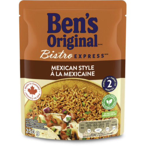 Bring home the taste of Mexico with BEN'S ORIGINAL BISTRO EXPRESS Mexican style rice, ready in just over a minute. Without the cooking time of dry, bulk rice bags, BEN'S ORIGINAL BISTRO EXPRESS provides a delicious side dish in an instant! This delicious flavoured rice can be used as the base to your weeknight mexican themed dinner or as an accompaniment to your favourite vegetables or protein such as chicken, fish or tofu. For your next meal, try some of our other BISTRO EXPRESS items like BEN'S ORIGINAL Wholegrain Brown Rice or BEN'S ORIGINAL Basmati Rice.<ul><li>Ready in 90 seconds</li><li>No Artificial Colours, Flavours or Preservatives</li><li>BPA Free Pouch</li><li>Made in Canada from imported & domestic ingredients</li></ul>
