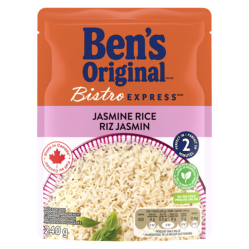 Enjoy Thai favourites with our BISTRO EXPRESS Jasmine rice. Our aromatic & authentic white Jasmine rice is ready in just over a minute. Without the cooking time of dry, bulk rice bags, BEN'S ORIGINAL BISTRO EXPRESS provides a delicious side dish in an instant! This delicious flavoured rice can be used as the base to your weeknight dinner or as an accompaniment to your favourite vegetables or protein such as chicken, fish or tofu for a vegetarian dish. For your next meal, try some of our other BISTRO EXPRESS items like BEN'S ORIGINAL CONVERTED Parboiled Rice or BEN'S ORIGINAL Vegetable Medley.<ul><li>Ready in 90 seconds</li><li>No Artificial Colours, Flavours or Preservatives</li><li>BPA Free Pouch</li><li>Made in Canada from imported & domestic ingredients</li></ul>