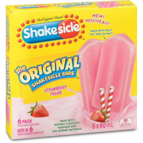 A creamy, delicious frozen treat that is inspired by the taste of a classic strawberry milkshake. Made with 100% Canadian dairy. Colours & flavours are from natural sources to meet the needs of Canadian families, with only 80 calories per bar! 6 bars per box.