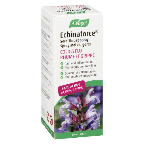 Echinaforce Sore throat spray is effective against throat pain, pharyngitis and hoarseness. Great peppermint taste.