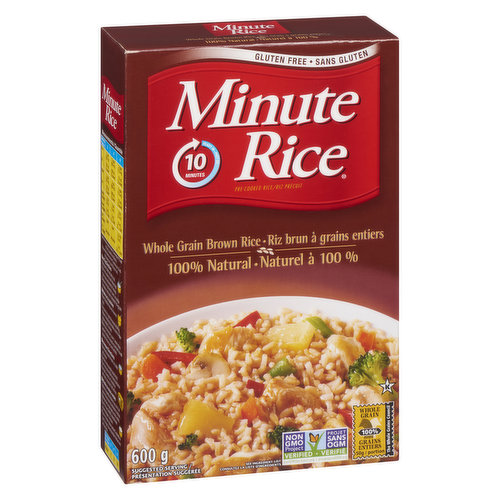 Pre Cooked Rice. Ready in 10 Minutes. Made with 100% Whole Grain. Gluten Free.