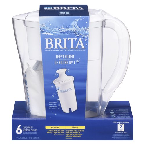 6 Cup Water Filtration System. One Pitcher and 1 Filter. With Electronic Filter Indicator, Smooth Basic Handle and Easy Fill Lid.