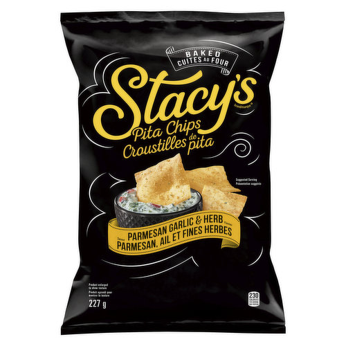 The perfect addition to your next charcuterie board is Stacy's Parmesan Garlic & Herb Flavour Pita Chips. Our authentic pita recipe creates a truly delicious combination of real parmesan cheese, garlic, and parsley.