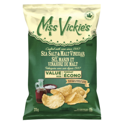 If you love crunch, youll love Miss Vickie's Sea Salt & Malt Vinegar flavour kettle cooked potato chips! A fan favourite thanks to their distinctive tangy great taste. They are an unmistakable staple in kitchens across Canada!