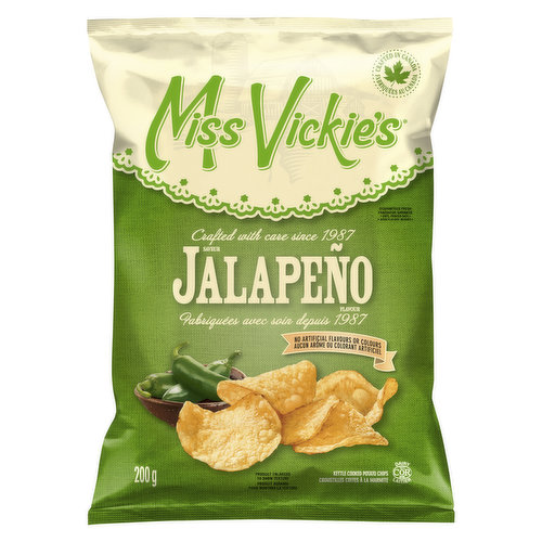 If you love crunch, youll love Miss Vickie's Jalapeo flavour kettle cooked potato chips! Crafted using a unique blend of spices, including jalapeo pepper and hints of onion, paprika, and garlic for an added kick!