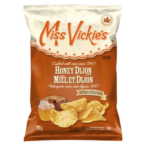 If you love crunch, youll love Miss Vickies Honey Dijon flavour kettle cooked potato chips! Crafted with the sweet taste of honey and the sophisticated flavour of Dijon mustard!