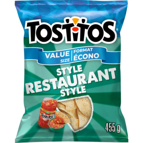 Experience the taste of authentic Tostitos Restaurant Style tortilla chips! Deliciously crisp, light-tasting and made with premium white corn, these tasty tortilla chips are the perfect dip delivery mechanism!