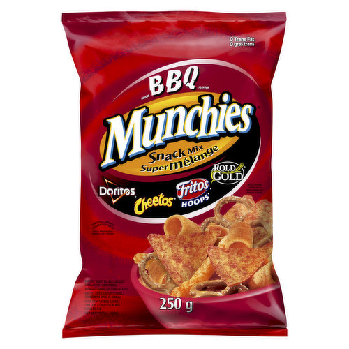 Whether youre at a BBQ or youre in the mood for smoky, zesty flavour, Munchies BBQ Flavour Snack Mix is the perfect snack for any occasion. Made with Doritos Smokey Red BBQ, Fritos Hoops Bar-B-Q, Cheetos Crunchy, and Rold Gold , this BBQ mix is perfectly satisfying with every bite.