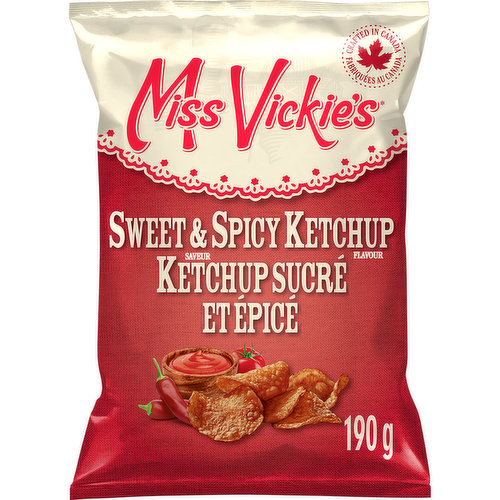 Kettle cooked to crispy perfection with a unique blend of sweet & spicy flavours. They're crafted in Canada with specially selected farm-grown potatoes. Theyre cooked one batch at a time for crunchy deliciousness with no transfat, cholesterol or artificial flavours, colours or preservatives. Elevate game day, movie night & every snacking occasion in between with premium Miss Vickies Sweet & Spicy Ketchup flavour potato chips.