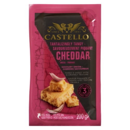 The rich flavor of Mature English Cheddar is enhanced by the addition of savoury onions for a cheese that can stand on its own or on a cheeseboard.
