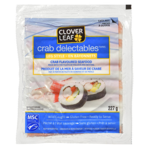 Clover Leaf Delectables are made with fillets of sustainably wild caught Pollock and/or Pacific Whiting fish from an MSC certified sustainable fishery, and are delicately flavoured to taste like succulent crab. Delectables are precooked, making it easier for you to enjoy either ready to serve or prepare quick meal. Delectables are easy and convenient to turn in to your favourite pasta, salad or other special seafood dishes.    