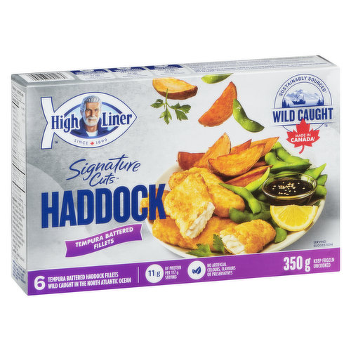 Wild caught Haddock in the Atlantic Ocean. Tender fish in a light yet crunchy Tempura batter. Great source of protein. No artificial colors, flavors or preservatives.