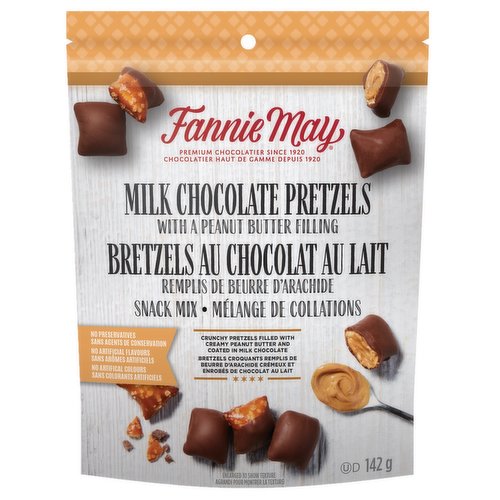 Peanut Butter Pretzel Snack Mix is peanut butter filled pretzels covered in rich Fannie May milk chocolate.