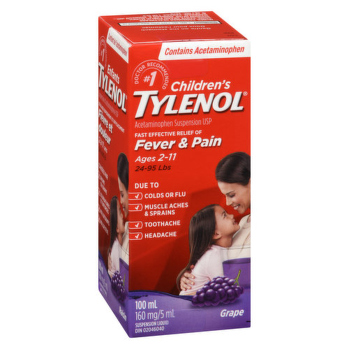 Acetaminophen Suspension USP. Grape Punch Flavour.  For ages 2-11 years.  For Fever and Pain. 5ml/160mg Suspension Liquid.