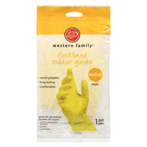 Western Family - Yellow Flocklined Rubber Gloves, Medium